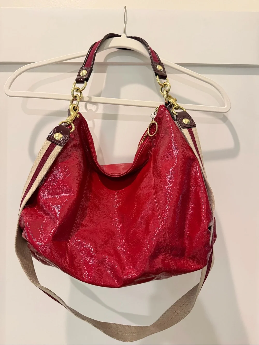Coach Red Patent Leather Shoulder Bag with Dual Front Pockets
